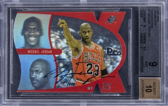 1997 SPx Promotion Autographs #1 Michael Jordan Signed Card (#031/100) - BGS MINT 9/BGS 10